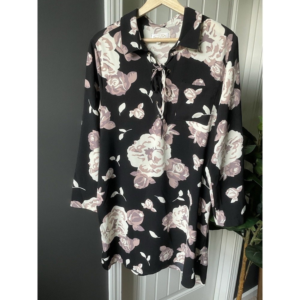 Mud Pie Rose Shirt Dress Tunic Womens Medium Black Pink Purple Floral Lace Up